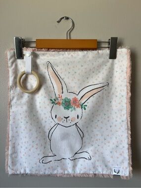 Baby Bunny Lovey Blankie with Wooden Teether - Pink & White
